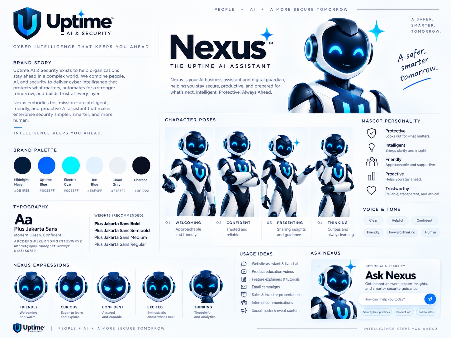 Nexus character development sheet showing poses, expressions, personality, voice, and usage ideas.
