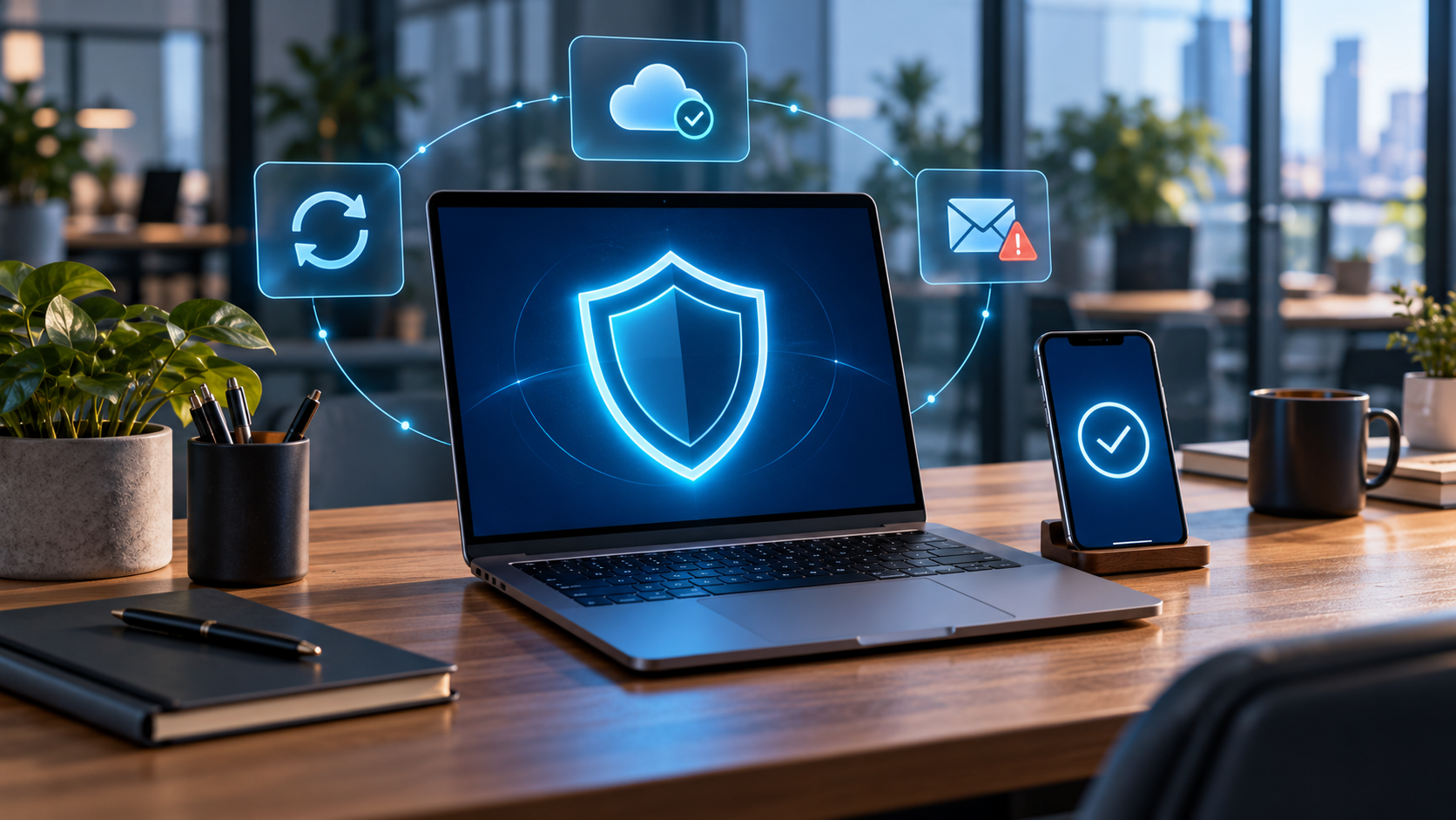 A laptop displays a blue shield in a modern office, surrounded by icons for software updates, cloud backups, suspicious email, and phone verification.